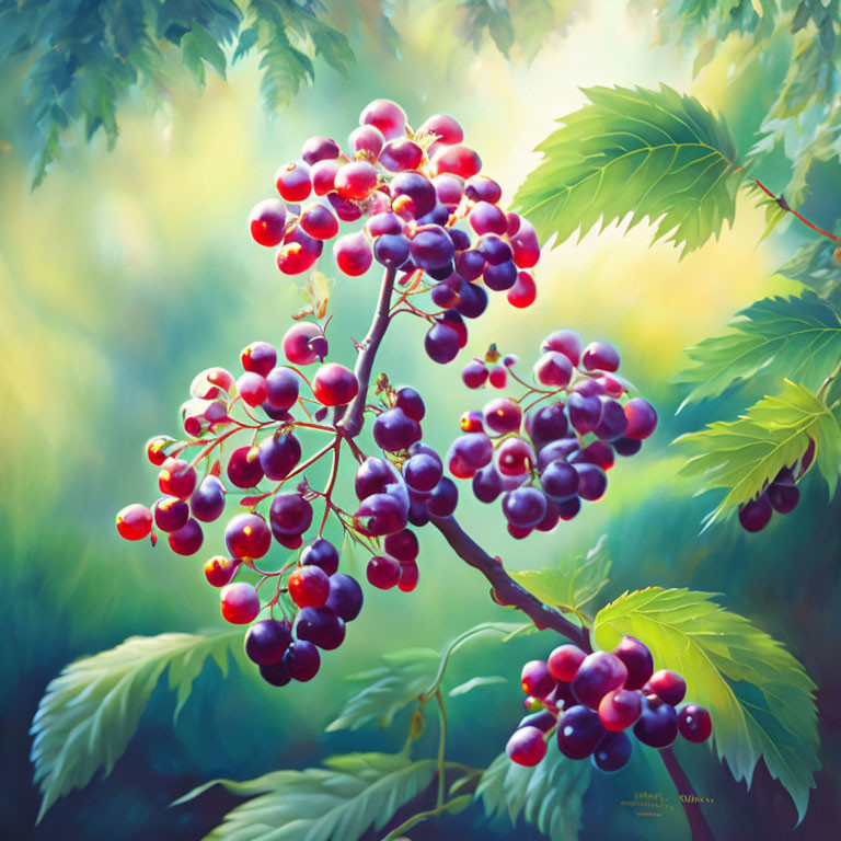 Ripe purple elderberries on green leaves in soft sunlight