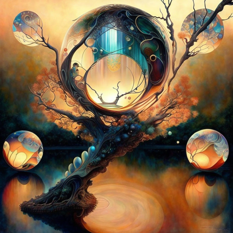 Surreal painting of glowing orbs on tree with intricate branches