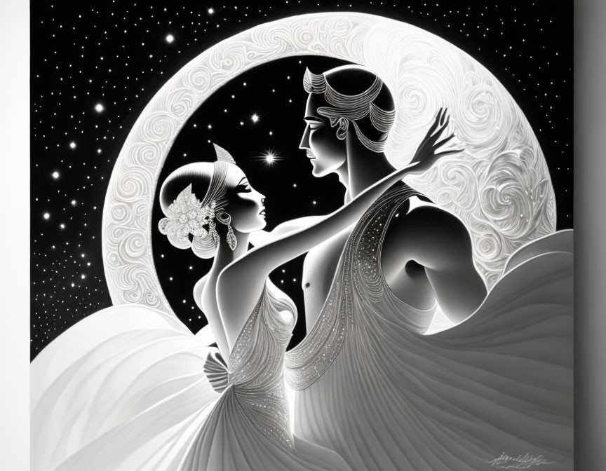 Monochrome illustration of man and woman embracing under moon and stars