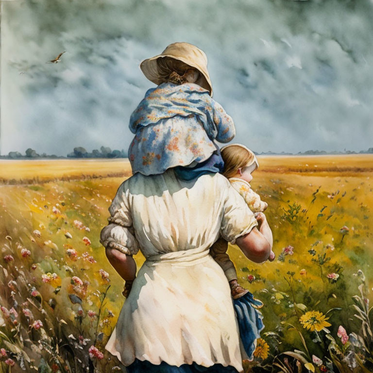 Woman in vintage clothing carrying child in vast field under cloudy sky.