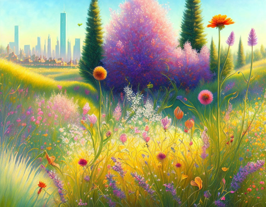 Colorful Meadow Painting with City Skyline and Butterflies