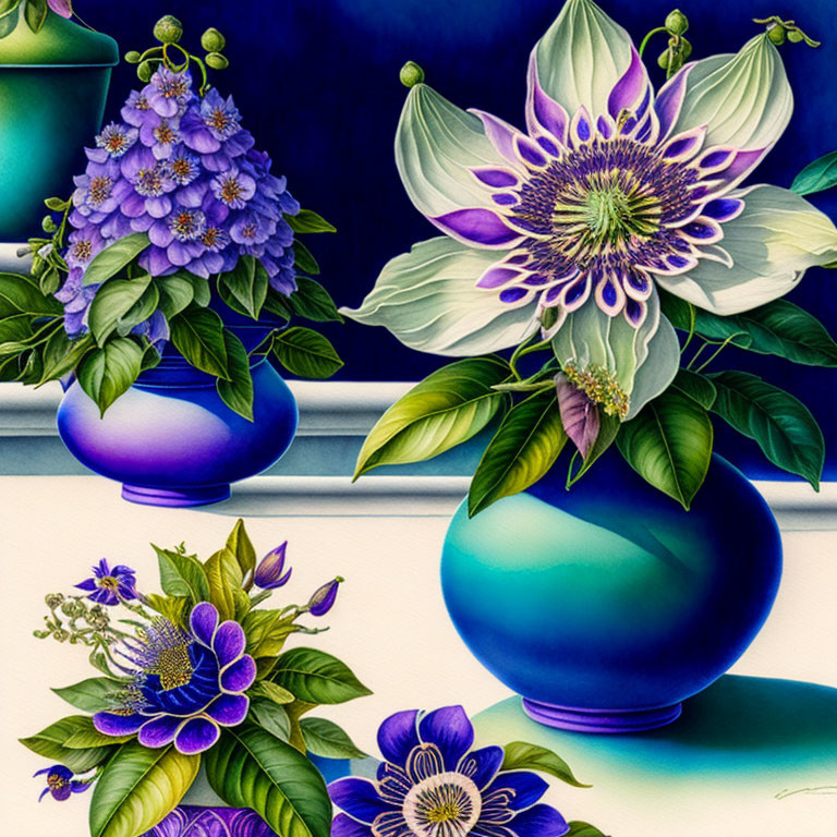 Detailed Purple and White Flowers in Glossy Blue Vases on Blue Background