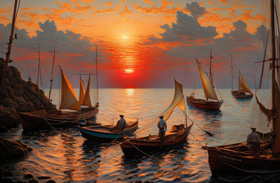 Tranquil sunset sailboats on calm waters