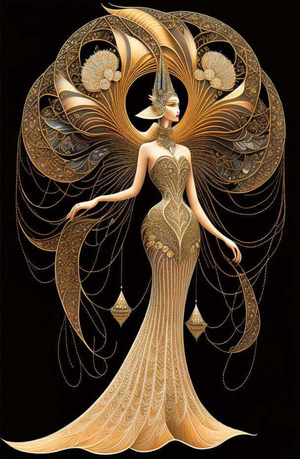 Art Nouveau-style illustration of a woman in a golden gown and headdress.