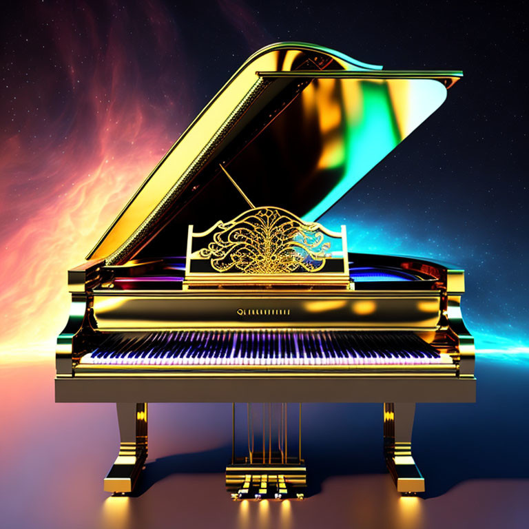 Ornate gold-detailed grand piano against cosmic backdrop