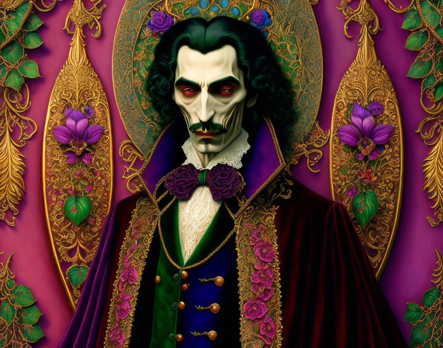 Gothic male figure in velvet suit on purple backdrop