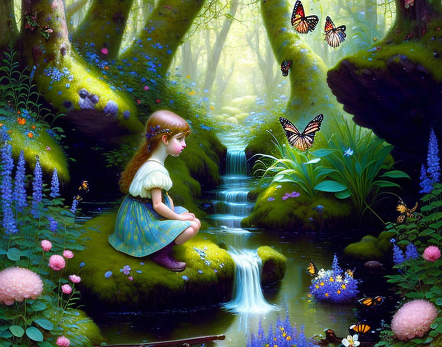 Young girl by cascading stream in enchanted forest with butterflies and vibrant flowers