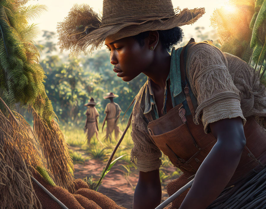 Woman in straw hat harvesting crops with two people in sunlit field