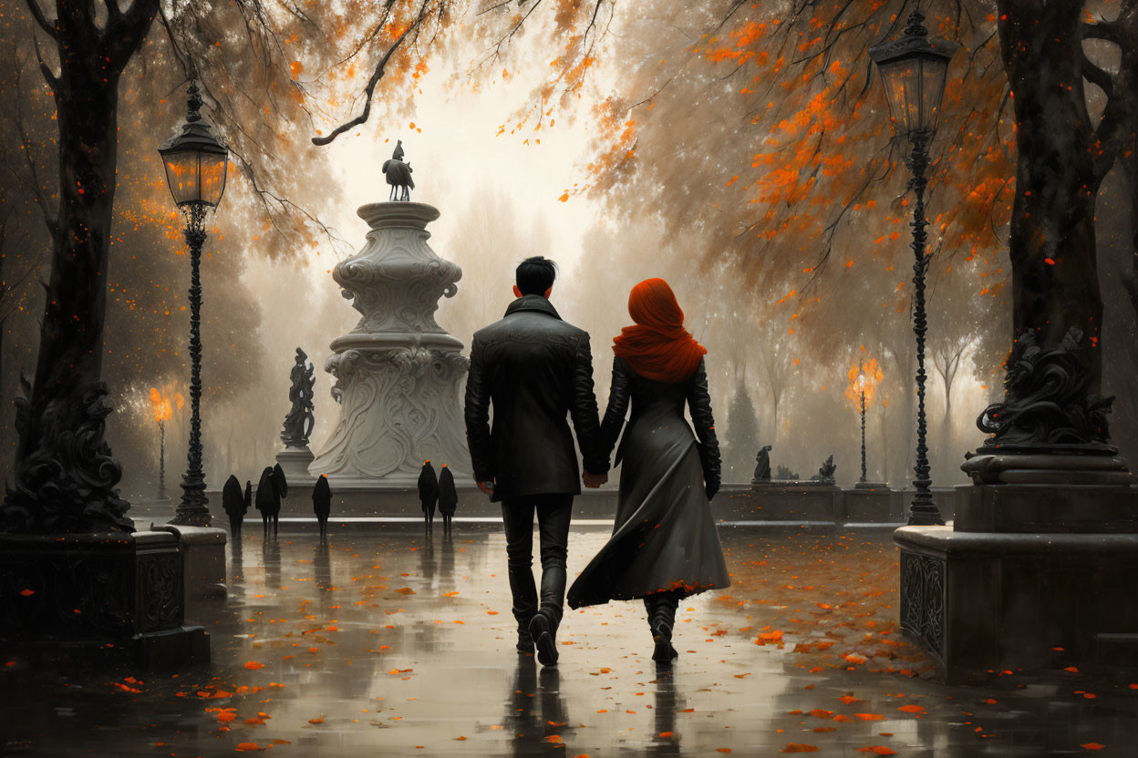 Couple walking in misty autumn park with fallen leaves and vintage lampposts