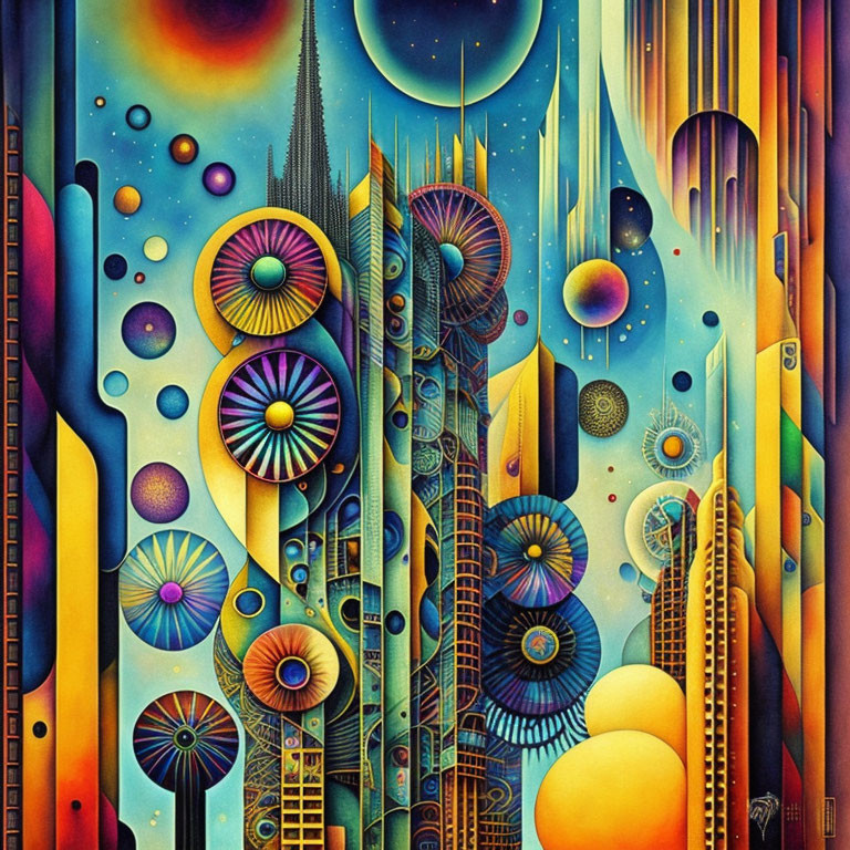 Colorful Abstract Cityscape with Geometric Shapes & Futuristic Buildings