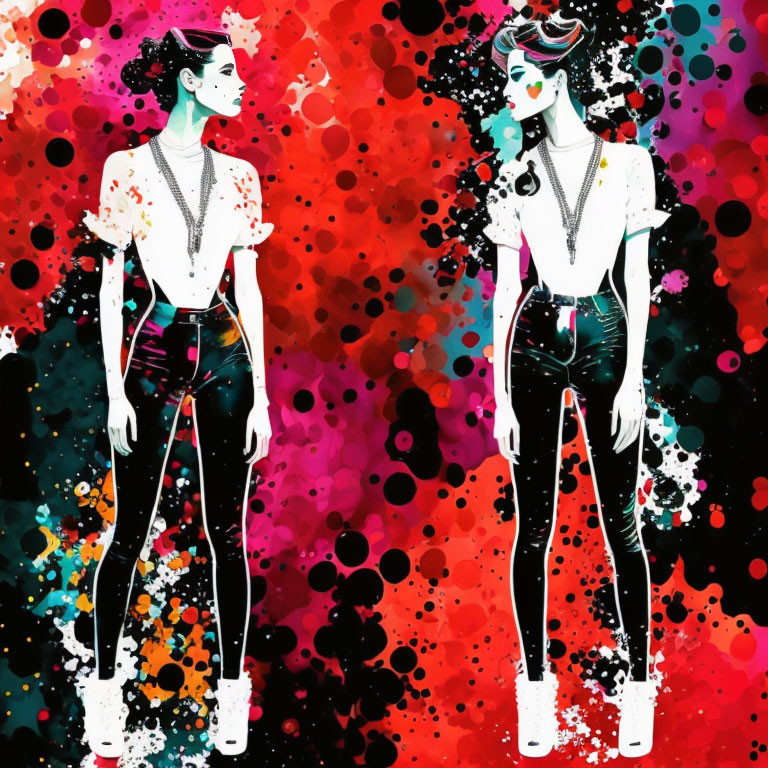 Stylized female figures in trendy outfits on vibrant paint backdrop