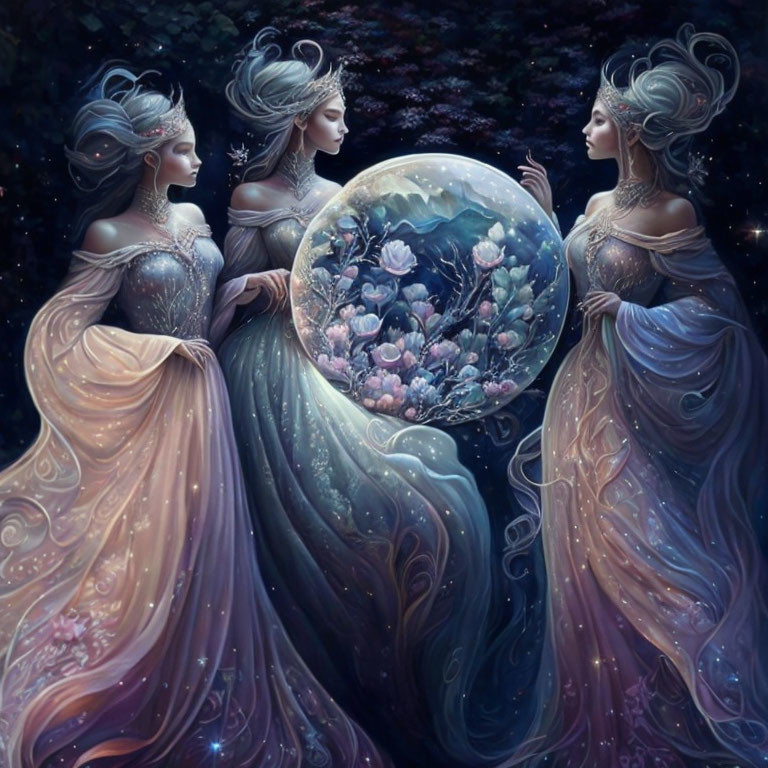 Ethereal women in flowing gowns with luminous orb in celestial underwater scene