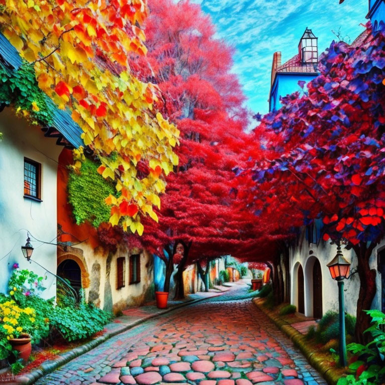 Colorful street with trees, cobblestone, and white buildings