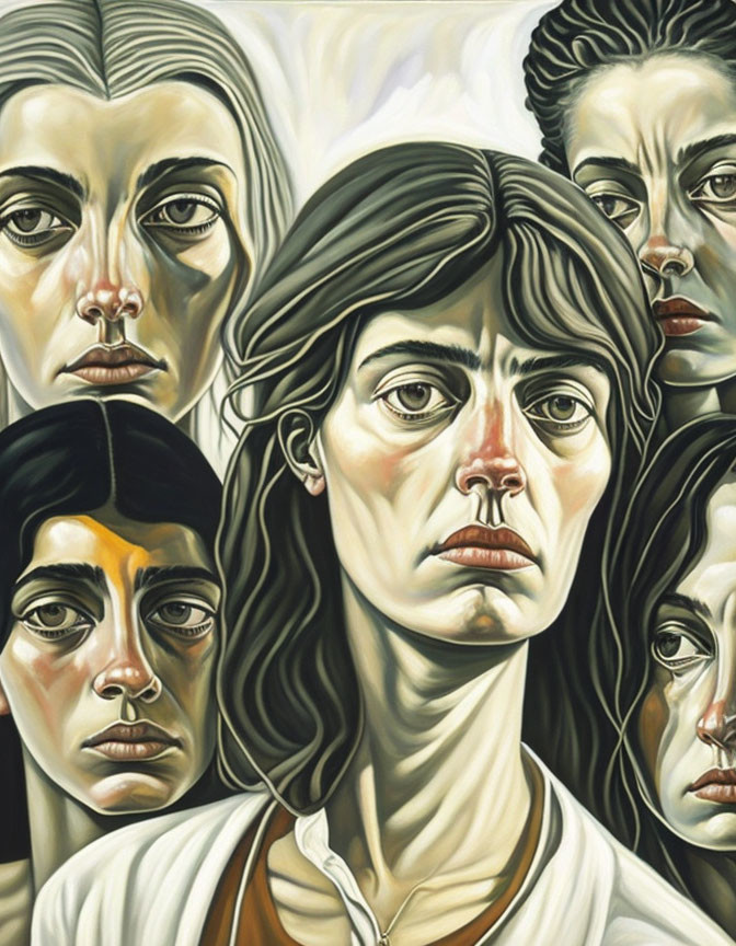 Surrealist painting of five women with exaggerated features