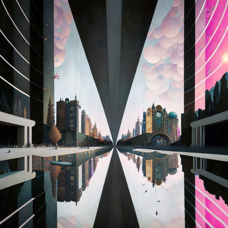 Surreal cityscape with vibrant clouds, futuristic and historical buildings, neon signs, and flying birds