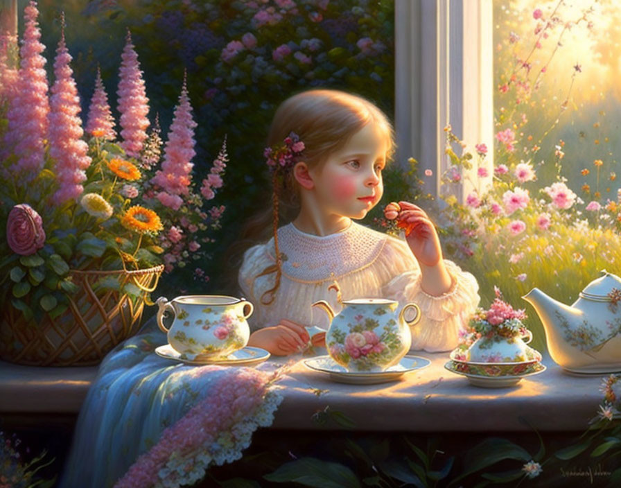 Young girl with floral tea set in garden under sunlight