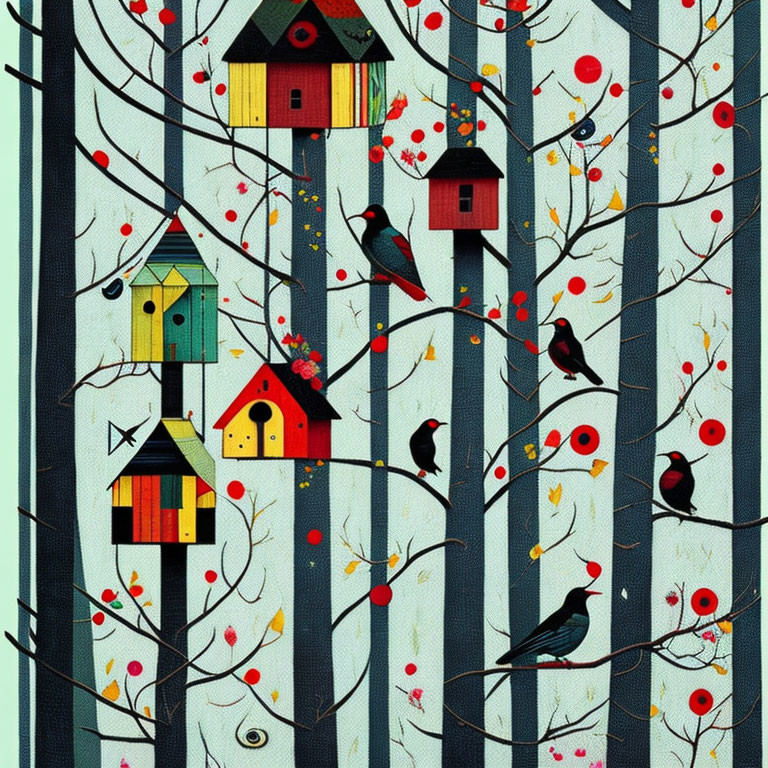 Colorful birdhouses on grey tree trunks with birds and red berries illustration