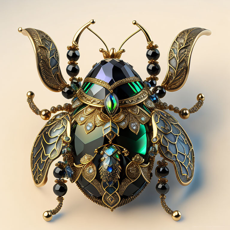 Shimmering black and green jeweled beetle with intricate gold filigree