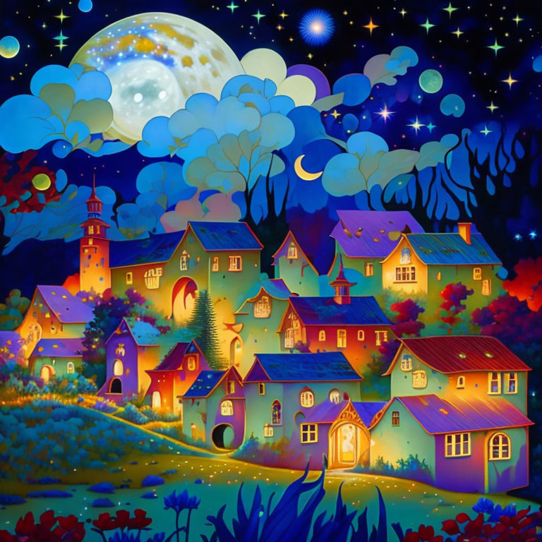 Colorful nighttime village illustration under starry sky with detailed moon