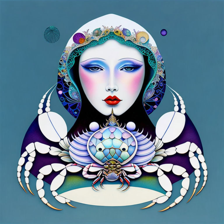 Stylized woman with pale skin, blue lips, and aquatic-themed headdress.