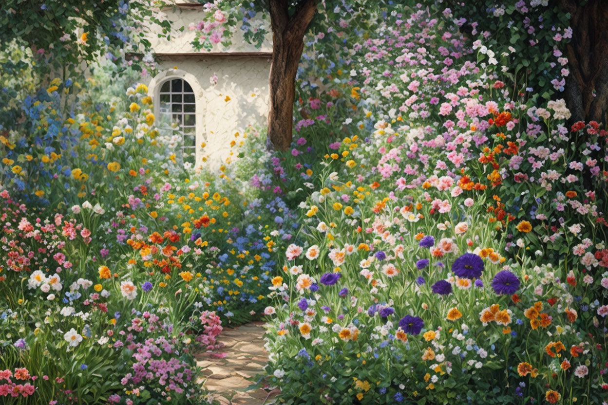 Colorful Flower Garden Path Leading to Quaint Cottage