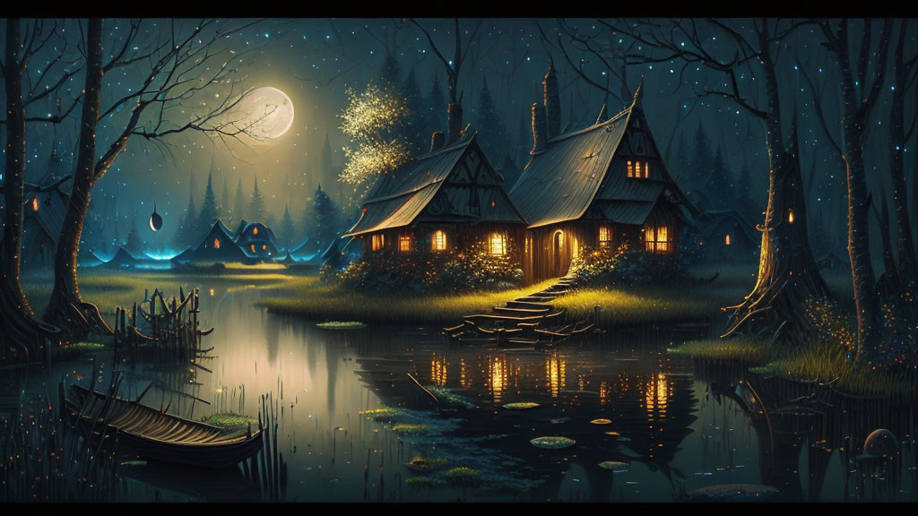 Enchanted night scene: cozy cottage, serene lake, glowing windows, boat, starry sky