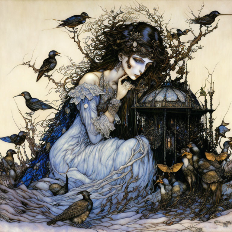 Detailed Gothic Illustration of Pale Woman with Crows