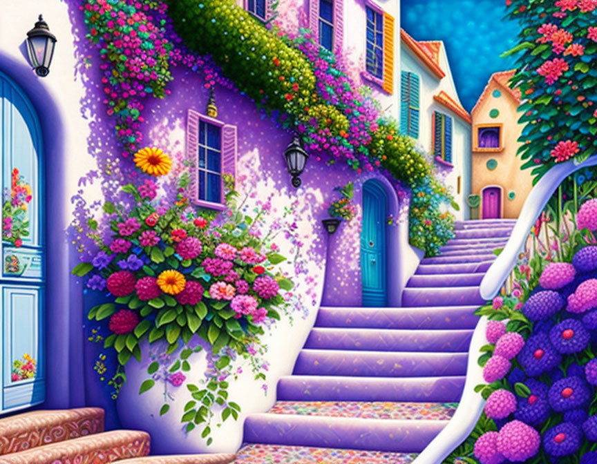 Colorful Street Scene with Purple Vines and Cobblestone Staircase