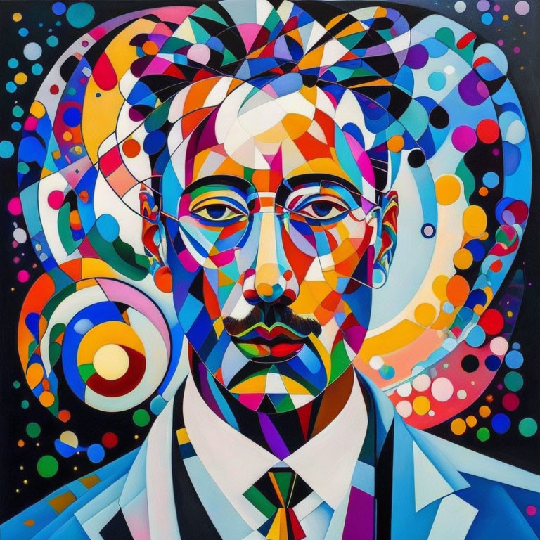 Vibrant geometric portrait of a man in suit with mustache