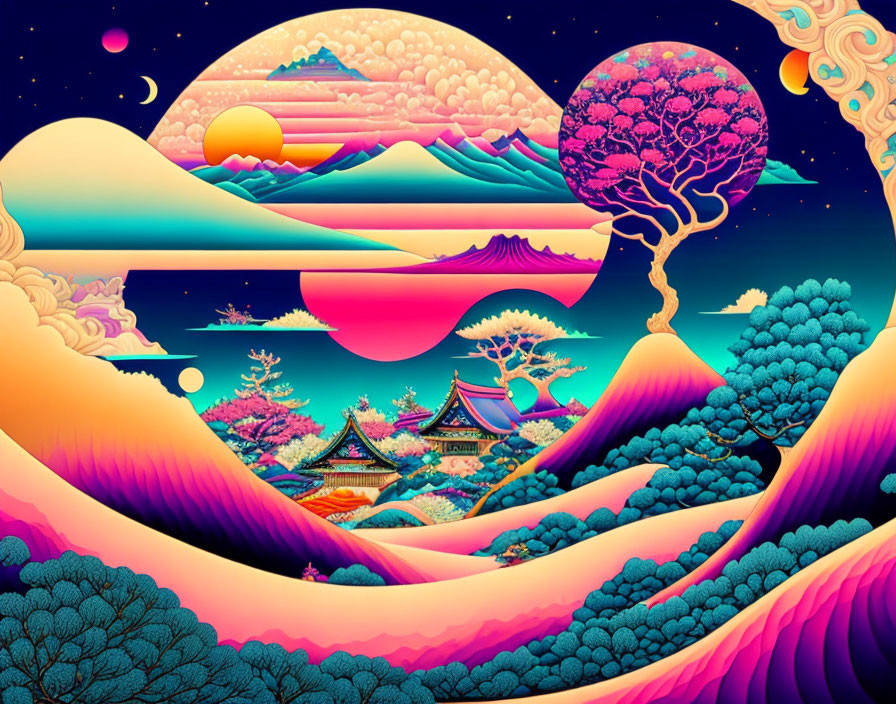 Colorful Surrealist Landscape with Japanese Temple and Pink Blooming Tree