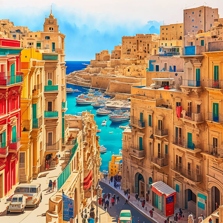 Vibrant Mediterranean street scene with colorful buildings and boats in a sunny harbor