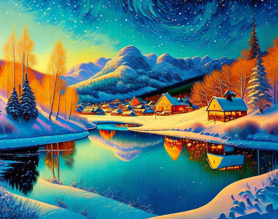 Starry night sky over snow-covered village and river