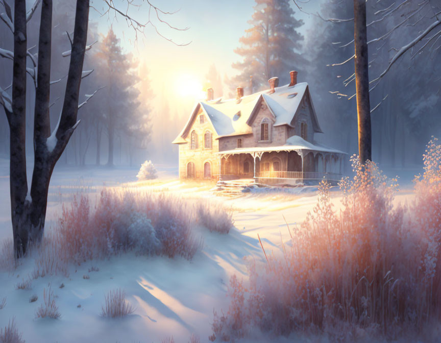 Serene snowy landscape with quaint house at sunrise