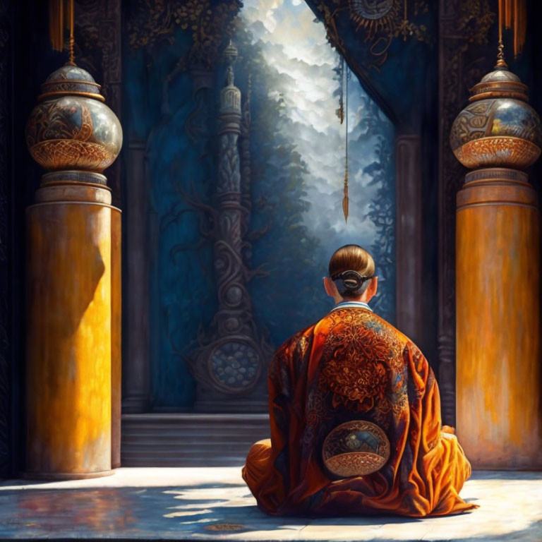 Meditative person in ornate robe at temple door with light and trees