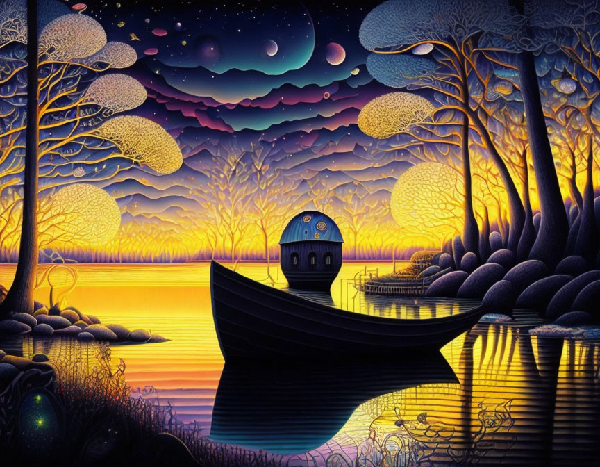 Vibrant surreal night landscape with glowing trees and floating boat