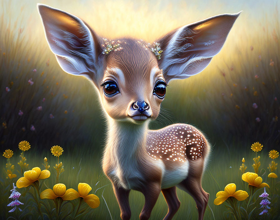 Wide-eyed fawn digital illustration in sunset field