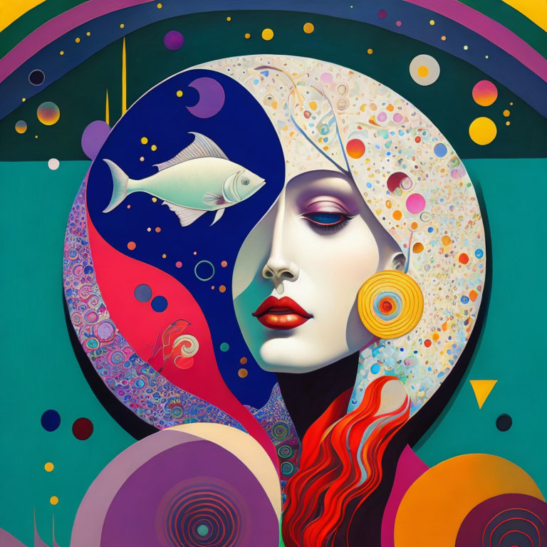 Colorful surreal portrait of a woman with yin-yang design and fish in dark blue area