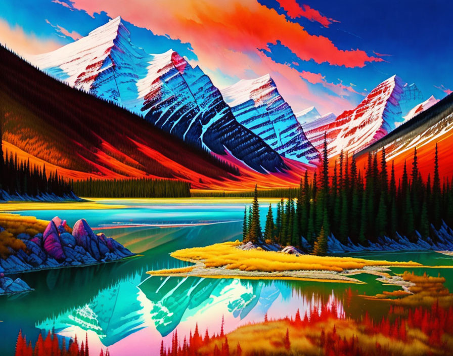 Scenic landscape: snow-capped mountains, colorful sky, calm lake