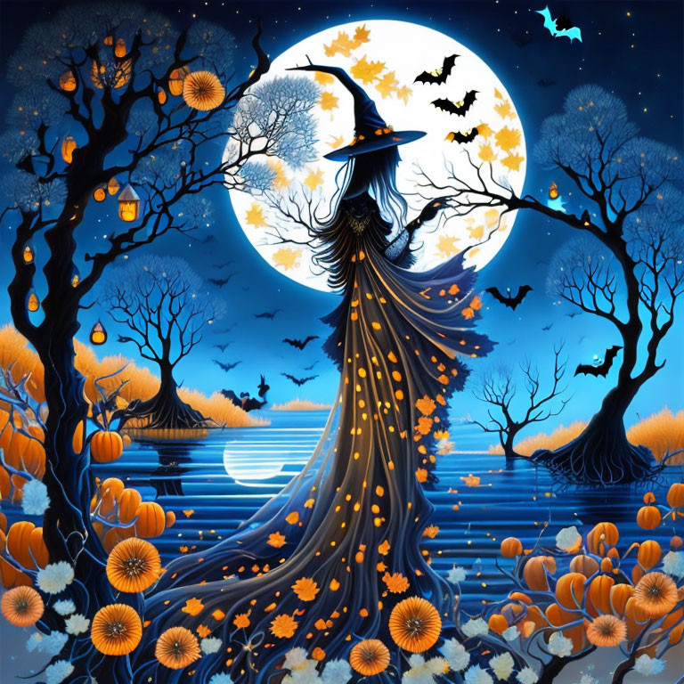 Whimsical witch silhouette under full moon with pumpkins, bats, and autumn trees