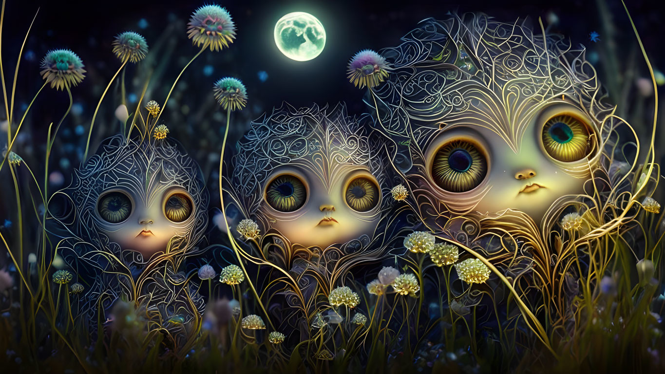 Three whimsical beings with tree-like heads in a flower-filled nocturnal scene