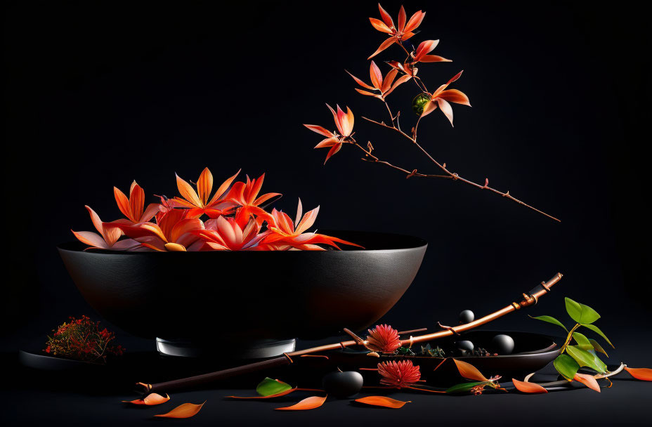 Black bowl with vibrant orange flowers and delicate branch against dark background