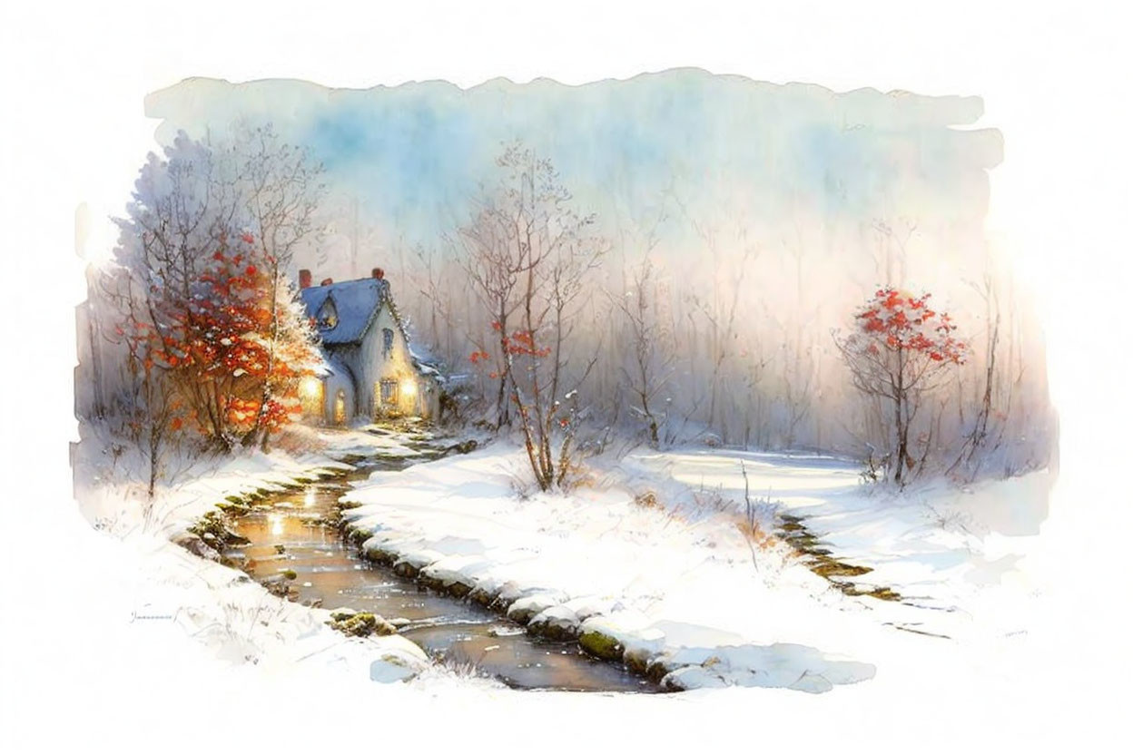 Snowy Landscape with Quaint Cottage and Stream