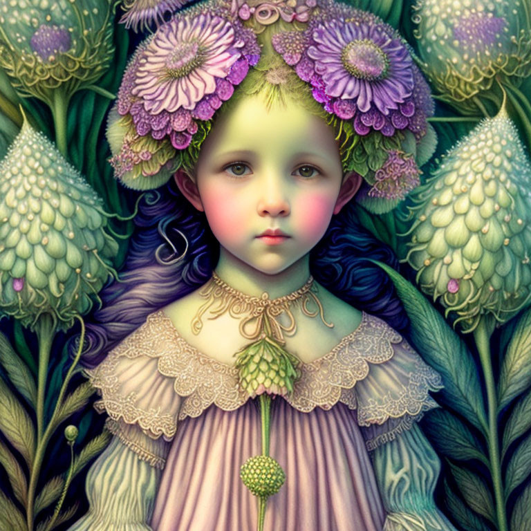 Child with flower-like features and angelic wings in lush floral setting