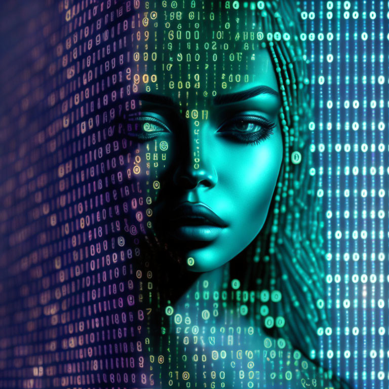 Digital portrait of a woman with glowing green binary code on blue background