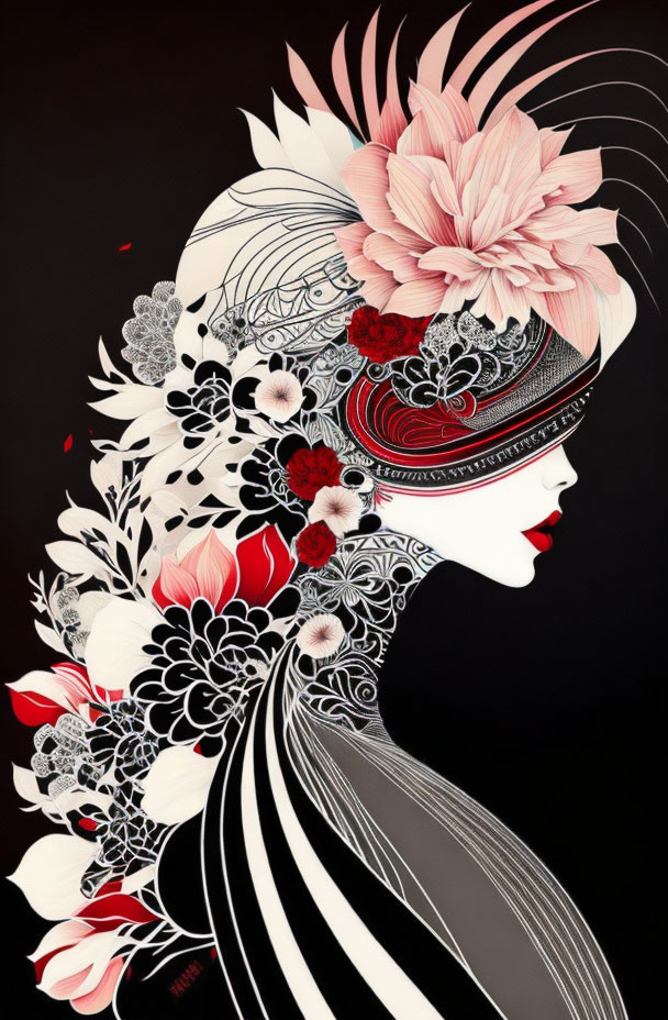 Woman with Floral Headdress in Red and White on Dark Background