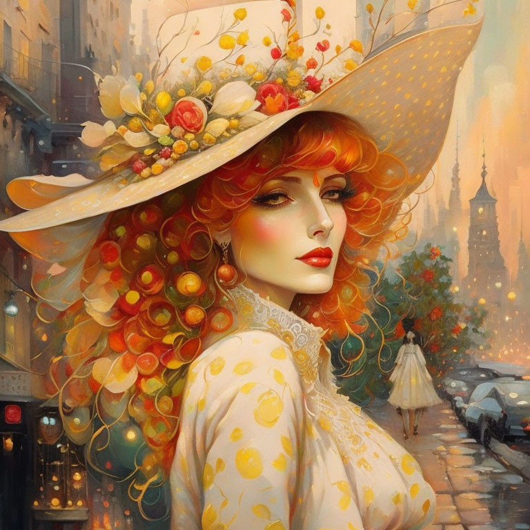 Portrait of woman with curly red hair in floral hat against cityscape