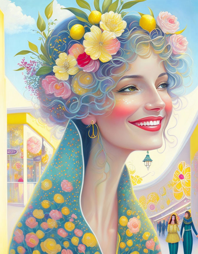 Illustration of woman with curly hair, flowers, lemons, and fruit-patterned shawl on