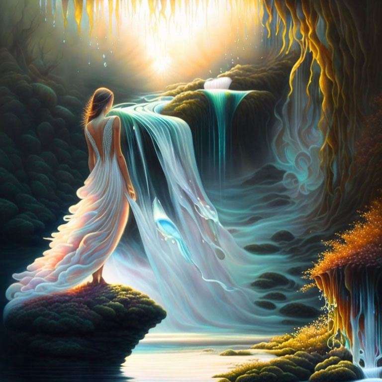 Woman in White Dress Standing by Glowing Waterfall in Mystical Forest