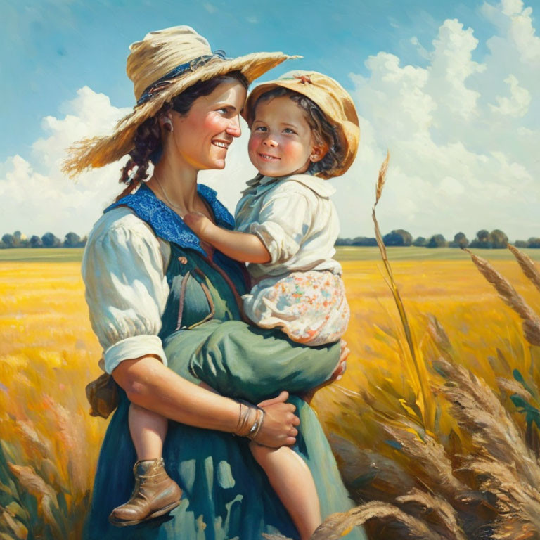 Joyful woman in straw hat with smiling child in wheat field under blue sky