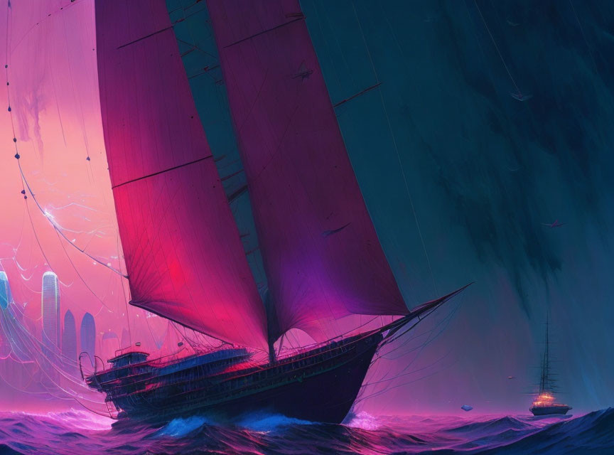 Glowing pink sailboat on dark wavy seas under purple sky